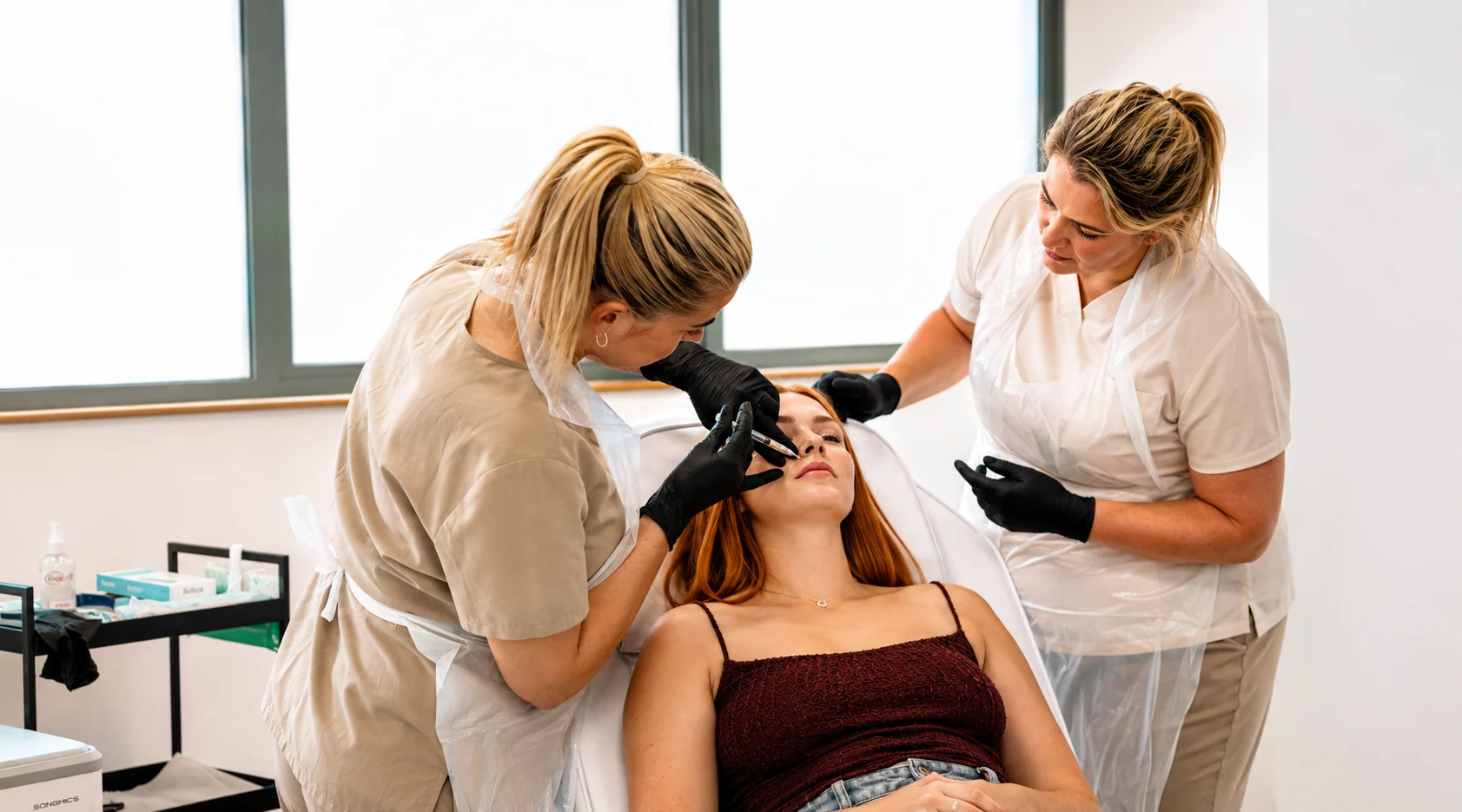 A Muse trainer demonstrating an aesthetic treatment on a model in the training school